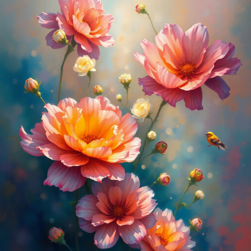vibrant flowers, botanical art, surrealism, rich textures, Claude Monet, expressionism, ethereal glow, intricate details, vivid colors, atmospheric depth, delicate petals, dynamic composition, spring serenity, artistic elegance, garden symphony, burst of life, soft gradients, harmonious blending, natural elegance, transcendent beauty, impressionist influence, dreamlike ambiance, luminous lighting, serene palette, fluid brushstrokes, organic forms, visual poetry