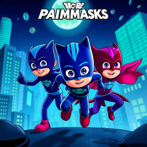 pjmasks, heroic trio, dynamic action, vivid colors, high contrast, futuristic cityscape, midnight blues, vibrant greens, animated style, dramatic shadows, fast-paced, heroic journey, children's heroes, comic strip influence, rescue mission, environmental protection, teamwork, bold outlines, stylized, storytelling, graphic novel technique, adventure narrative, heroic lighting, superhero themes, youthful spirit, comic panel composition, action-packed, cinematic framing, animated flair, youthful energy, imaginative world, vibrant palette, animated storytelling, graphic heroism, bold dynamics