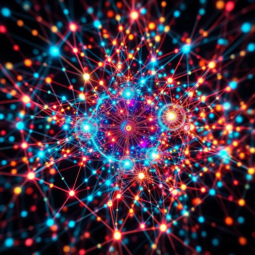 intricate network, interconnected nodes, abstract representation, vibrant colors, neural connections, data visualization, futuristic design, complexity, high-tech elements, evolution of information, dynamic flow, cybernetic influence, luminous glow, sleek textures, digital matrix, interactive mapping, overlapping layers, conceptual architecture, technicolor spectrum, innovation, knowledge synthesis