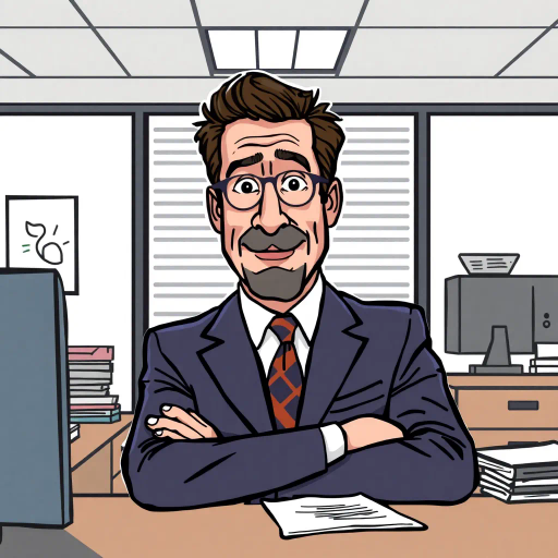 Michael Scott, The Office, television character, cubist influence, geometric shapes, humorous expression, bold outlines, abstract composition, modern office setting, muted color palette, fine line work, playful mood, 21st-century television, intricate details, satirical presentation, vibrant energy, cultural iconography, Steve Carell, eccentric boss, workplace comedy, interlocking forms, pop culture reference, contemporary art influence, visual comedy, layered textures