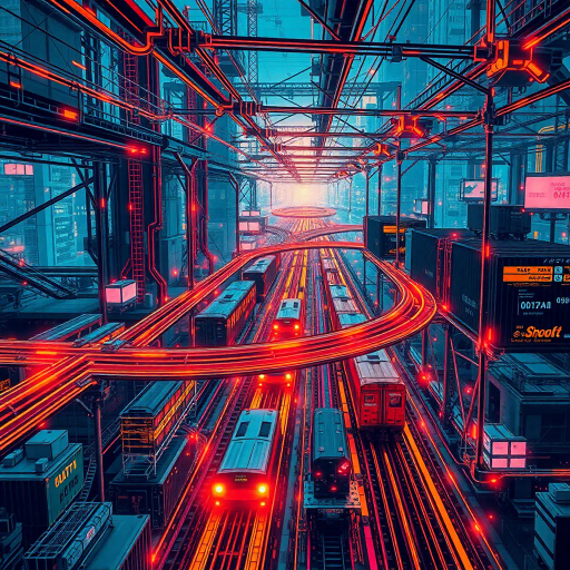 futuristic transportation, logistics network, high-tech infrastructure, Jean-Michel Basquiat influence, cybernetic design, digital era, dynamic movement, vibrant neon colors, intricate detail, complex layering, network nodes, geometric structures, urban sprawl, technological advancement, interconnected routes, bustling energy, efficient systems, abstract composition, data flows, modernity, cyberpunk aesthetic, global connections, expanded scale, intricate textures, digital innovation, strategic planning