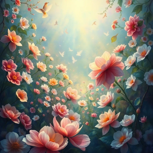 vibrant florals, surreal blooms, ethereal garden, Claude Monet influence, dreamlike atmosphere, luminous petals, soft pastels, Art Nouveau elements, mystical springtime, enchanted landscape, luminous glow, delicate brushstrokes, layered textures, intricate details, mythical fauna, whimsical elegance, organic forms, serene nature, iridescent highlights, immersive scenery