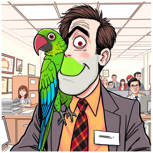 Michael Scott, parrot companion, vibrant color palette, humorous expression, dynamic composition, satirical tone, sketch outlines, exaggerated features, playful mood, vibrant pop art influences, TV sitcom style, American office setting, character-centered narratives, lighthearted ambiance, witty dialogue, The Office homage, Steve Carell portrayal, ensemble cast dynamics, mockumentary flair, quirky everyday life, workplace humor, subtle irony, cultural phenomena, Dunder Mifflin setting, Scranton Pennsylvania backdrop, comedic timing, deadpan humor, exaggerated yet relatable characters, Jim Halpert antics, Pam Beesly charm, Dwight Schrute eccentricities, fluorescent lighting highlights, mundane yet charming workplace, expressive line work, sequential art storytelling, iconic pop culture references, comic panel artistry