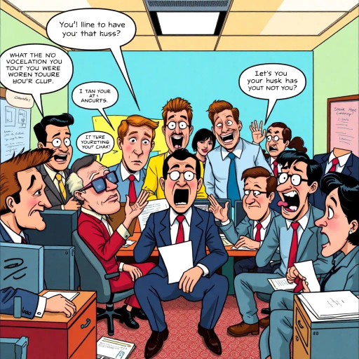 satirical workplace comedy, surreal humor, ensemble cast, bureaucratic chaos, 21st century pop culture, vibrant color palette, exaggerated expressions, dynamic panels, Roy Lichtenstein influences, witty dialogue, mundane office setting, everyday absurdities, overlapping story arcs, exaggerated caricatures, visual puns, contemporary Americana, awkward social interactions, humorous banter, slapstick elements, narrative vignettes, satirical undertones