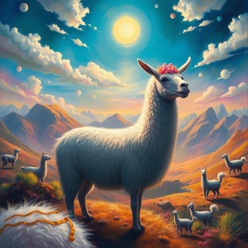 mystical llama, surreal landscape, vibrant colors, ethereal glow, fantastical elements, dreamy atmosphere, intricate details, vibrant tapestry, soft brush strokes, dynamic composition, whimsical creatures, alpaca wool, magical realism, painterly texture, pastel hues, Andean culture, folklore, luminous light, sunlit mountains, enchanting vista, emotive expression, Salvador Dali influence, imaginative motifs, rich tapestry, lush greenery, mystical aura, fantastical world, celestial accents, mythical charm