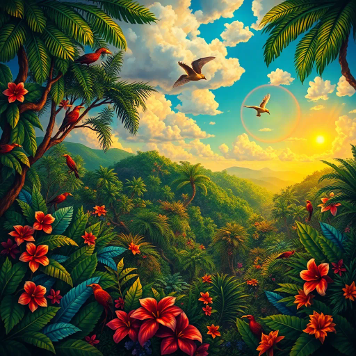 vivid rainforests, carnival atmosphere, vibrant colors, intricate details, lush foliage, rich cultural heritage, magical realism, Brazilian landscape, surreal clouds, tropical wildlife, Henri Rousseau influence, rhythmic movement, radiant sunlight, festive mood, intricate patterns, exotic birds, mythical elements, celebratory spirit, tropical flora, samba rhythm, enchanting scenery