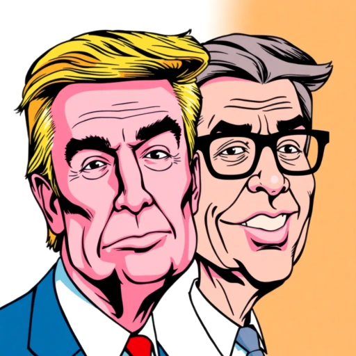 caricature, political satire, bold lines, vibrant colors, humor, pop art, dynamic composition, surrealism, exaggerated features, Andy Warhol, Roy Lichtenstein, cultural commentary, expressive, contemporary, social critique, whimsical, iconic symbols, narrative storytelling, American pop culture, bold typography, ironic