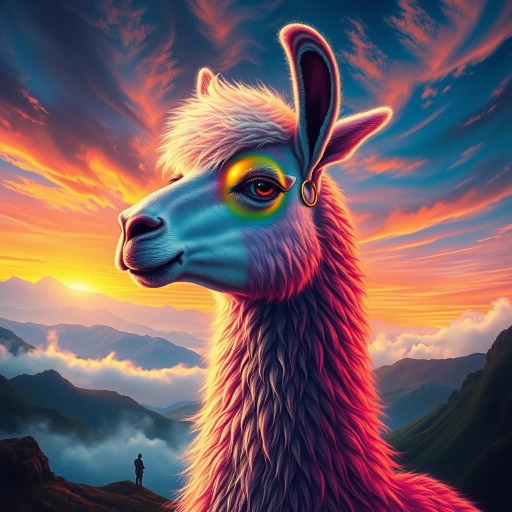 mystical llama, Salvador Dalí, surreal landscapes, vibrant colors, flowing textures, ethereal glow, fantastic realism, imaginative creativity, otherworldly ambiance, enchanted highlands, dreamlike scenery, mythical charm, dynamic composition, magical realism, cloaked in mist, detailed fur, luminous alpenglow, whimsical allure, gentle majesty, impressionistic, radiant horizon