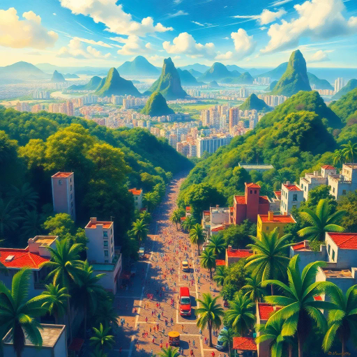 vibrant rainforest, sprawling cityscapes, Rio Carnival celebration, modernist architecture, Tarsila do Amaral, tropical paradise, lush landscapes, Samba rhythm, vivid color palettes, dynamic movement, cultural fusion, vibrant street art, warm sunlight, Copacabana beach, panoramic views, rich biodiversity, Botero-inspired figures, expressive brushstrokes, Amazon River, intricate textures, joyous atmosphere, cultural heritage, Henri Rousseau influence, energetic composition