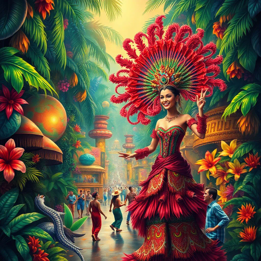 vibrant carnival, amazon jungle, lush greenery, rich cultural tapestry, Carmen Miranda, surrealism, tropical hues, dynamic movement, rhythmic energy, expressive colors, intricate patterns, lively street scenes, samba dancers, exotic wildlife, atmospheric perspective, detailed textures, magical realism, cultural diversity, spirited festivities, radiant sunlight, complex compositions, whimsical elements, bold palettes, mystical atmosphere, fantastical landscapes, tropical flora and fauna