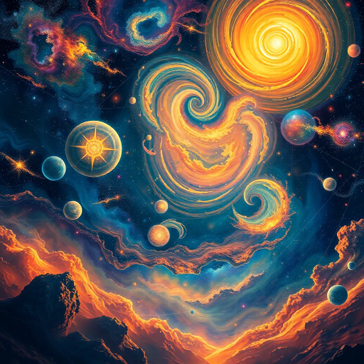 cosmic expanse, celestial bodies, vast universe, ethereal glow, swirling galaxies, vibrant nebulas, starlit skies, cosmic rays, serene void, Vincent van Gogh swirls, cosmic dance, future civilizations, astral motifs, luminous orbits, expansive horizons, infinite depth, surreal landscapes, cosmic scale, dreamlike atmosphere, transcendent beauty, multicolored hues, reflective surfaces, ethereal translucence, high contrast, intricate detail, otherworldly realms, outer space adventure, visual poetry, infinite possibilities