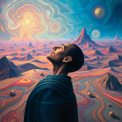 surrealism, Salvador Dali, introspection, dreamlike, ethereal atmosphere, vibrant colors, swirling patterns, abstract forms, emotional depth, imaginative landscapes, soft focus, subconscious, vast, expansive, symbolic elements, mystery, infinite horizons, temporal distortion, whimsical, otherworldly, fluid motion, dynamic composition, psychological insight, cosmic scale, reflective surfaces, profound expression, timelessness, immersive experience