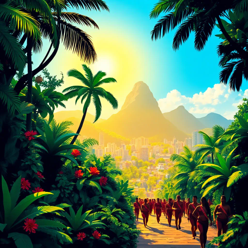 tropical paradise, vibrant rainforest, Rio Carnival, Brazilian culture, Jorge Selarón, Carmen Miranda, exuberant colors, lush vegetation, dynamic samba dancers, vivid patterns, Amazon River, exotic wildlife, modern architecture, indigenous art, celebratory mood, Afro-Brazilian heritage, vibrant street scenes, bold compositions, fluid movement, warmth and energy, sunlit landscapes, urban diversity, festive atmosphere, contemporary influences, chromatic brilliance