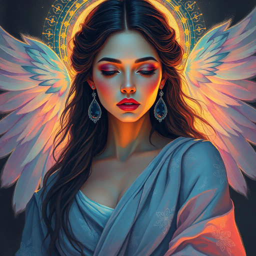 ethereal goddess, renaissance-inspired, chiaroscuro lighting, serene expression, surrealism, bold brushstrokes, celestial colors, flowing robes, delicate textures, vibrant jewel tones, intricate detailing, mystical aura, vaporwave influences, dreamlike atmosphere, novel perspective, modern reinterpretation, dynamic composition, timeless elegance, abstraction, metaphorical essence