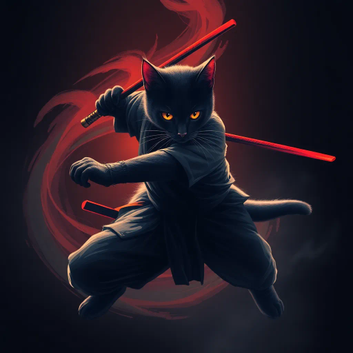 agile ninja cat, dynamic pose, sleek movement, samurai influence, Edo period, chiaroscuro lighting, mysterious aura, vibrant color contrast, digital brush strokes, surreal composition, feline agility, sleek fur texture, mythological undertones, Japanese aesthetics, fluid motion, intricate details, night setting, shadow play, ethereal glow, bold outlines, stealthy ambiance, innovative perspective