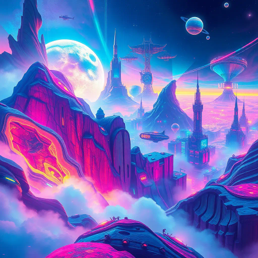 vibrant colors, digital painting, futurism, Mike Winkelmann inspiration, surreal landscapes, dynamic movement, ethereal atmosphere, neon lighting, abstract shapes, high detail, immersive worlds, imaginative realms, otherworldly elements, dreamlike composition, visual storytelling, intricate patterns, bold contrasts, cutting-edge techniques, contemporary vision, expansive vistas, futuristic cityscapes