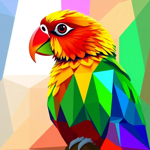 parrot, geometric, Bauhaus influence, vibrant colors, angular forms, abstract expressionism, vivid saturation, geometric abstraction, art deco, dynamic symmetry, bold shapes, modernism, contrasting hues, surrealistic touch, cubist echoes, colorful tessellations, polygonal textures, harmonious balance, mid-century aesthetics, visual rhythm, kaleidoscopic composition, emotional vibrance, contemporary interpretation, intricate detail