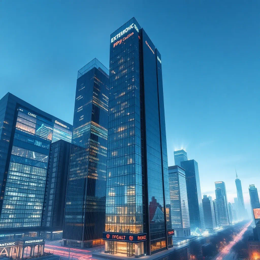 futuristic skyline, glass skyscrapers, dynamic lighting, modern design, asymmetrical composition, sleek materials, steel and chrome, bustling atmosphere, urban environment, Vogel perspective, neon accents, industrial influence, high-tech innovation, energetic movement, business chic, cityscape, contemporary architecture, efficiency and power, blue and silver color palette, minimalistic approach, city life, Antonio Sant'Elia inspirations, smooth lines, integrated technology, ambition and progress