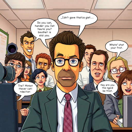 satirical humor, everyday life, workplace dynamics, vibrant colors, exaggerated expressions, quirky characters, Michael Scott, camera angles, documentary style, playful tone, American culture, ensemble cast, office environment, comedic timing, mockumentary feel, panel layout, speech bubbles, visual storytelling, relatable scenarios, improvisational flair, modern setting, emotional undertones, character development, symbolic objects