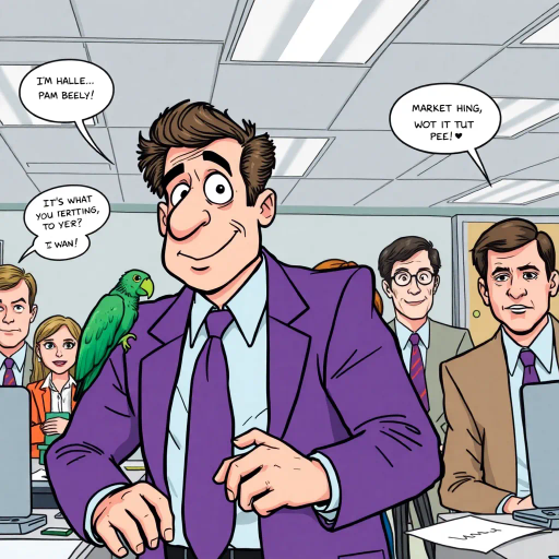 Michael Scott, parrot, vibrant colors, humorous expression, dynamic composition, satirical tone, sketch-like outlines, exaggerated features, playful mood, vibrant palette, tv sitcom influences, american office setting, character-centric, lighthearted ambiance, witty dialogue, pop art style, interplay of humor and absurdity, Steve Carell, ensemble cast, mockumentary style, quirky everyday life, work environment, subtle irony, character dynamics, Dunder Mifflin, Scranton, Pennsylvania, comedic timing, deadpan expression, cultural phenomenon, paper company, witty banter, office antics, relatable humor, Jim Halpert, Pam Beesly, Dwight Schrute, iconic moments, quirky personalities, expressive line work, sequential art story, dynamic panels, humor-driven narratives, pop culture references, satirical humor, 2000s television, overhead fluorescent lighting, workplace relationships, vibrant, exaggerated expressions, comedy, team dynamics, mundane yet charming