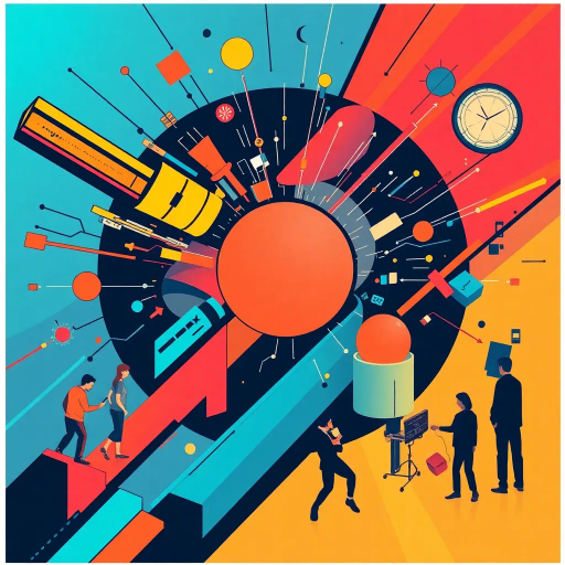 futuristic design, innovative concepts, creators showcase, dynamic composition, engaging and playful typography, Bauhaus influences, vibrant and diverse color palette, geometric abstraction, collaborative energy, contemporary illustration techniques, community spirit and unity, bold and expressive lines, creative expression, digital media integration, interactive and immersive elements, modern aesthetics with storytelling flair, artistic and imaginative expression, digital innovation, expressive forms