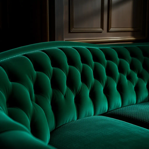 luxurious sofa, intricate stitching, soft velvet texture, vibrant emerald green, baroque influences, ambient lighting, dramatic shadows, intimate perspective, opulent details, comfort, elegance, harmonious composition, rich textures, bold contrasts, modern elegance, fine craftsmanship, dynamic balance, luxurious setting, subtle curves, mid-century modern vibe, warm and inviting atmosphere, gentle contours, plush, dramatic shadows, aristocratic flair, chiaroscuro, sumptuous materials, timeless design