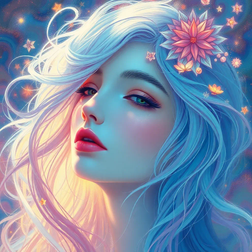 ethereal portrait, vibrant color palette, surrealism, dreamy expression, soft brushwork, fluid motion, delicate features, mythical essence, sunlight illumination, pastel glow, fantasy realms, celestial themes, curved lines, seamless blending, harmony of elements, imaginative narrative, mood of wonder, inspired by Yoshitaka Amano, Art Nouveau influence, atmospheric depth, intricate detailing, otherworldly presence, balanced symphony of hues