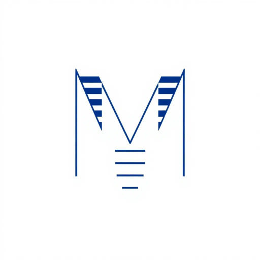geometric design, capital letter M, lettermark, thin horizontal lines, vertical strokes, levels of hierarchy, ladder rungs, indigo blue, minimalism, vector art, clean lines, modern aesthetic, white background, simplicity, corporate identity, visual hierarchy, negative space, Bauhaus influence, symmetry, precision, branding, elegant composition, minimalistic style