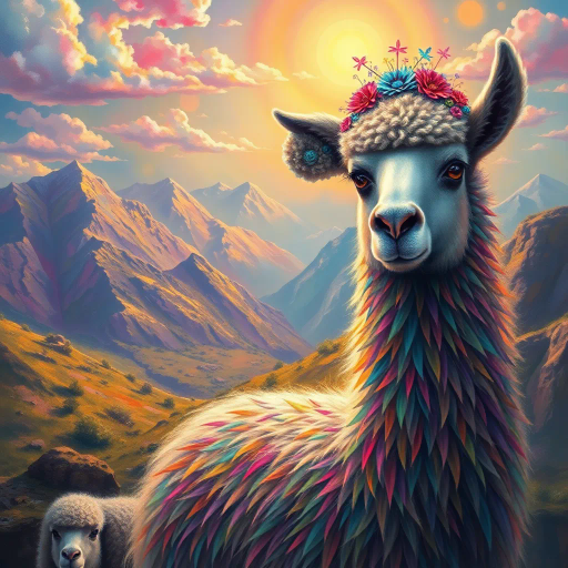 mystical llama, surreal landscape, vibrant colors, ethereal glow, fantastical elements, dreamy atmosphere, intricate details, vibrant tapestry, soft brush strokes, dynamic composition, whimsical creatures, alpaca wool, magical realism, painterly texture, pastel hues, Andean culture, folklore, luminous light, sunlit mountains, enchanting vista, emotive expression, Salvador Dali influence, imaginative motifs, rich tapestry, lush greenery, mystical aura, fantastical world, celestial accents, mythical charm