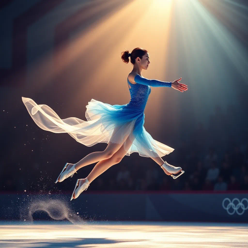 olympic figure skating, contestant, blue contest suit, luminous background, elegance, grace, dynamic movement, light swirls, audience, spectators, ethereal energy, fluid motion, spotlight, icy shimmer, winter, elegance, performance art, athletic artistry, vibrant hues, Franz Marc, Art Deco influences, ethereal glow, balanced composition, atmospheric lighting, expressive gestures, flowing lines, shimmering textures, metaphorical flight, emotional resonance, kinetic energy, speed, agility, spatial harmony, dreamlike ambiance, modern elegance