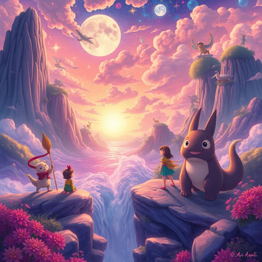 magical realism, vibrant colors, Studio Ghibli influence, fantastical creatures, serene landscapes, dynamic action, whimsical characters, high detail, emotional depth, Miyazaki style, enchanting worlds, youthful adventure, celestial elements, soft gradients, expressive eyes, intricate line work, fairy-tale atmosphere, cultural symbolism, ethereal lighting, narrative richness, dreamlike quality