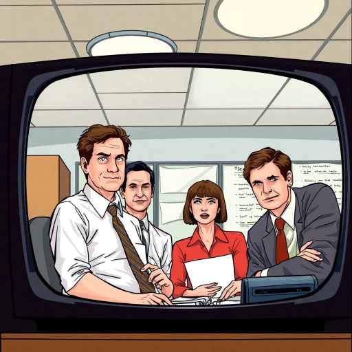 The Office, TV show, satirical humor, vibrant, Steve Carell, ensemble cast, mockumentary style, quirky, everyday life, work environment, subtle irony, character dynamics, Michael Scott, Dunder Mifflin, Scranton, Pennsylvania, documentary filming, 2000s television, comedic timing, deadpan expression, cultural phenomenon, paper company, witty banter, office antics, relatable humor, office supplies, Jim Halpert, Pam Beesly, Dwight Schrute, team dynamics, overhead fluorescent lighting, mundane yet charming, round camera angles, workplace relationships, vibrant colors, exaggerated expressions, dynamic panels, humor-driven narratives, pop culture references, iconic moments, quirky personalities, expressive line work, sequential art story