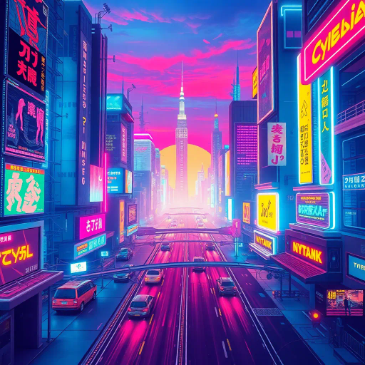 futuristic cityscape, cyberpunk vibes, vibrant neon colors, electric hues, 1980s aesthetics, synthwave influence, bold geometric shapes, neon lights, urban landscape, high contrast visuals, retro-futurism, dynamic movement, dusk lighting, vivid reflections, intricate detailing, digital rendering, surreal atmosphere, abstract patterns, sci-fi elements, immersive universe, nostalgic mood, visual rhythm, avant-garde expression, cultural nostalgia