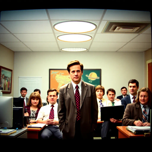 The Office, TV show, satirical humor, vibrant, Steve Carell, ensemble cast, mockumentary style, quirky, everyday life, work environment, subtle irony, character dynamics, Michael Scott, Dunder Mifflin, Scranton, Pennsylvania, documentary filming, 2000s television, comedic timing, deadpan expression, cultural phenomenon, paper company, witty banter, office antics, relatable humor, office supplies, Jim Halpert, Pam Beesly, Dwight Schrute, team dynamics, overhead fluorescent lighting, mundane yet charming, round camera angles, workplace relationships