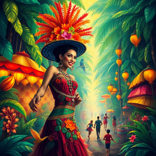vibrant carnival, amazon jungle, lush greenery, rich cultural tapestry, Carmen Miranda, surrealism, tropical hues, dynamic movement, rhythmic energy, expressive colors, intricate patterns, lively street scenes, samba dancers, exotic wildlife, atmospheric perspective, detailed textures, magical realism, cultural diversity, spirited festivities, radiant sunlight, complex compositions, whimsical elements, bold palettes, mystical atmosphere, fantastical landscapes, tropical flora and fauna