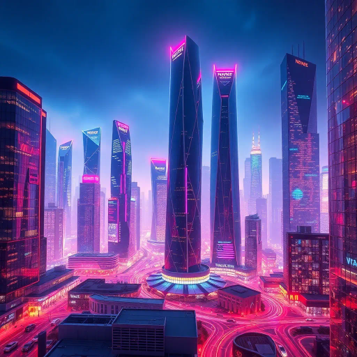 corporate landscape, futuristic cityscape, sleek architecture, modernism, digital rendering, ethereal lighting, glossy surfaces, vibrant neon hues, urban environment, skyscrapers, technological sophistication, dynamic composition, sharp lines, high contrast, bustling atmosphere, global influence, modern business world, expansive city views, reflections, sky-high perspectives, innovation and progress symbolism