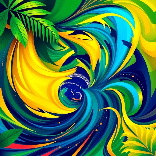 vibrant colors, swirling movement, tropical allure, Brazilian flag, geometric precision, cultural celebration, Carnival inspiration, abstract shapes, bold contrast, energetic flow, Rio de Janeiro, lush greens, radiant yellows, deep blues, chromatic harmony, festive spirit, national pride, rhythmic patterns, dynamic composition, joyful exuberance, modern interpretation
