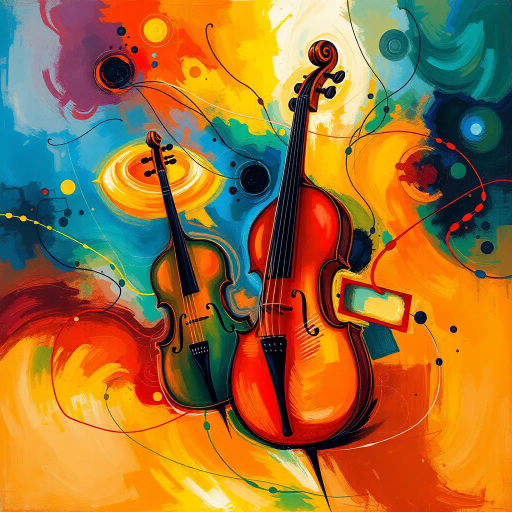 symphony of colors, harmonious compositions, dynamic rhythms, vibrant hues, melodic lines, impressionism meets cubism, ethereal lighting, abstract forms, musical instruments, flowing movement, elegant brushstrokes, fluid textures, sound waves depicted visually, Wassily Kandinsky inspiration, Baroque influence, immersive atmosphere, emotional resonance, multidimensional space, artistic synthesis, visual symphony