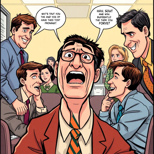 Michael Scott, vibrant colors, humorous expression, dynamic composition, satirical tone, exaggerated features, playful mood, pop art style, witty dialogue, tv sitcom influences, The Office, ensemble cast, mockumentary style, quirky everyday life, character dynamics, cultural phenomenon, Steve Carell, Dunder Mifflin, paper company, office antics, relatable humor, expressive line work, sequential art story, vibrant palette, americana, interaction, narrative humor, iconic moments, lighthearted ambiance, dynamic poses, Jim Halpert, Pam Beesly, Dwight Schrute, vibrant personalities, comedic timing, sketch-like outlines, cartoonish exaggeration, character-centric atmosphere, pop culture references, humorous interplay, office environment, comedic timing, playful narrative, 2000s flair, narrative exploration, dynamic panels