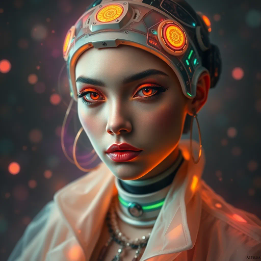 surreal portrait, illuminated hues, cybernetic elegance, ethereal atmosphere, intricate detail, futuristic attire, vibrant palette, soft gradients, digital paintbrush, expressionist undertones, neo-Renaissance influences, dynamic lighting, conceptual symbolism, multi-dimensional aesthetics, fantastical realism, advanced technology, spatial harmony, emotional resonance, imaginative creativity, bold contrasts, visionary composition, cyberculture fusion, avant-garde design