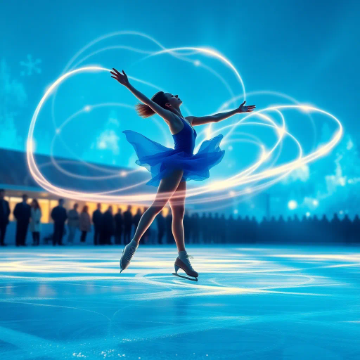 olympic figure skating contestant, dynamic movement, swirling light trails, luminous blue hues, ethereal glow, impressionistic rendering, sleek blue costume, spectators in shadowy silhouette, elegant fluidity, shimmering textures, inspired by Edgar Degas, motion blur, contemporary elegance, icy reflections, atmospheric ambiance, captured grace, mid-century modern influences, kinetic energy, vibrant lighting, expansive ice rink, captivating spectral play, sweeping curves, majestic presence, contrasting light and shadow, harmonious flow, ethereal atmosphere