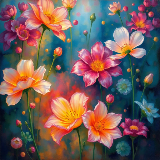 vibrant flowers, botanical art, surrealism, Claude Monet, expressionism, ethereal glow, intricate details, vivid colors, atmospheric depth, delicate petals, dynamic composition, garden symphony, burst of life, harmonious blending, natural elegance, transcendent beauty, mythical flora, ethereal dreamscape, surreal garden, whimsical atmosphere, impressionist influences, enchanted forest, painterly strokes, magical ambiance, lush foliage, timeless beauty