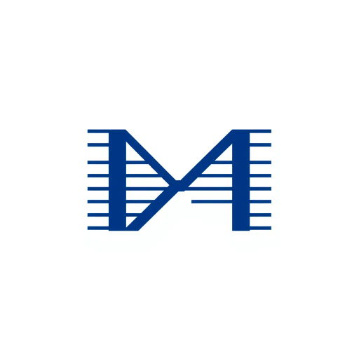 abstract, minimalist logo, geometric letter M, thin horizontal lines, hierarchy, ladder rungs, solid indigo blue, crisp vector design, white background, modern typography, Bauhaus influence, clean composition, precise geometry, vector graphics, contemporary aesthetic, graphic design, minimalism, line weight variation, symbolic representation, structured layout
