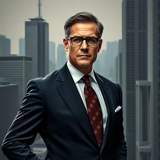 executive, power suit, modernism, corporate influence, Hans Holbein, chiaroscuro, high-rise cityscape, muted palette, structured composition, authority, commanding presence, sleek design, sophisticated style, dynamic movement, urban environment, glass and steel, professional demeanor, intricate textures, strategic mindset, contemporary vision, balanced symmetry, leadership aura, detailed realism, business acumen, impactful decision-making, future-oriented, harmonious layering, innovative thinking, confidence, precision, executive persona, metropolitan ambiance, distinguished elegance