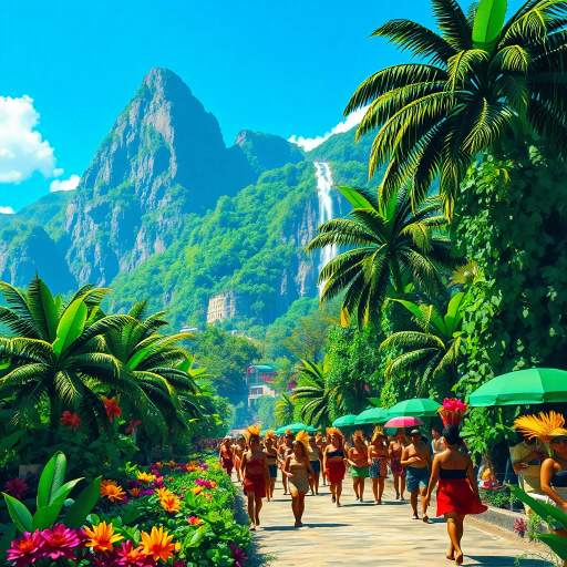 tropical paradise, vibrant rainforest, Rio Carnival, Brazilian culture, Jorge Selarón, Carmen Miranda, exuberant colors, lush vegetation, dynamic samba dancers, vivid patterns, Amazon River, exotic wildlife, modern architecture, indigenous art, celebratory mood, Afro-Brazilian heritage, vibrant street scenes, bold compositions, fluid movement, warmth and energy, sunlit landscapes, urban diversity, festive atmosphere, contemporary influences, chromatic brilliance