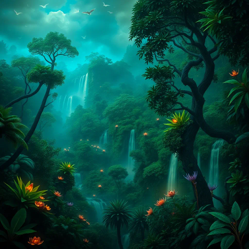 lush rainforest, rich biodiversity, vivid greens, cascading waterfalls, bioluminescent plants, ethereal light, vibrant wildlife, harmonious ecosystem, surreal landscape, mythical creatures, enchanted forest, atmospheric skies, vivid imagination, Henri Rousseau, magical realism, intricate details, tropical paradise, verdant canopy, mystical ambiance, panoramic view