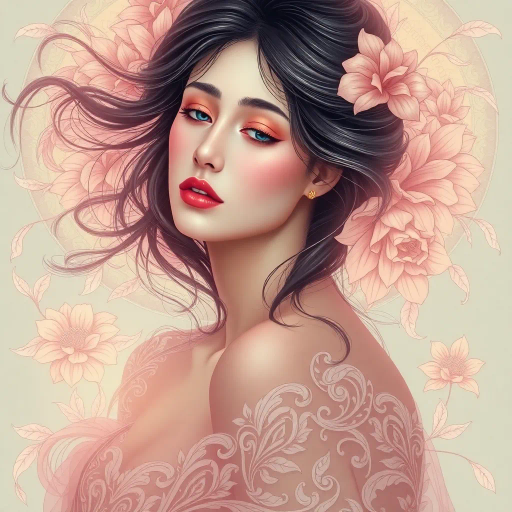 ethereal woman, inspired by Alphonse Mucha, art nouveau elegance, soft pastels, elaborate floral motifs, delicate linework, serene expression, flowing hair, intricate details, luminous lighting, ornate patterns, harmonious balance, mystical aura, dreamlike composition, feminine grace, subtle movement, timeless beauty
