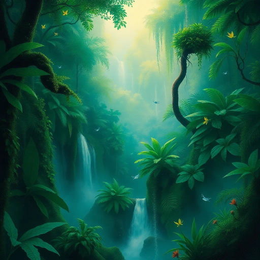 lush rainforest, vibrant greens, Claude Monet, mystical atmosphere, ethereal light, cascading waterfalls, exotic flora, swirling mist, bioluminescent creatures, soft brushstrokes, Impressionist influence, dawn light, verdant foliage, biodiversity, tranquil harmony, natural wonder, intimate scale, harmonious composition, lush textures, dreamlike scenery, serene ambiance