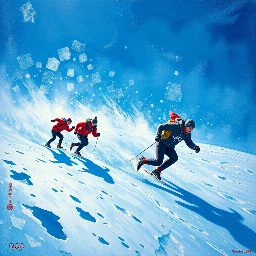 vibrant energy, winter olympics, dynamic motion, frost-covered landscapes, athletes in motion, ice and snow textures, harmonious balance, Renaissance influence, chiaroscuro lighting, vivid winter palette, cultural influences, artistic storytelling, Olympic spirit, synergy of movement, cubist geometry, intricate details, contemporary techniques, expansive scale, intricate line work, frosty textures, Arctic essence, abstract symbolism, historical echoes, radiant compositions