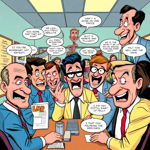 satirical workplace comedy, surreal humor, ensemble cast, bureaucratic chaos, 21st century pop culture, vibrant color palette, exaggerated expressions, dynamic panels, Roy Lichtenstein influences, witty dialogue, mundane office setting, everyday absurdities, overlapping story arcs, exaggerated caricatures, visual puns, contemporary Americana, awkward social interactions, humorous banter, slapstick elements, narrative vignettes, satirical undertones